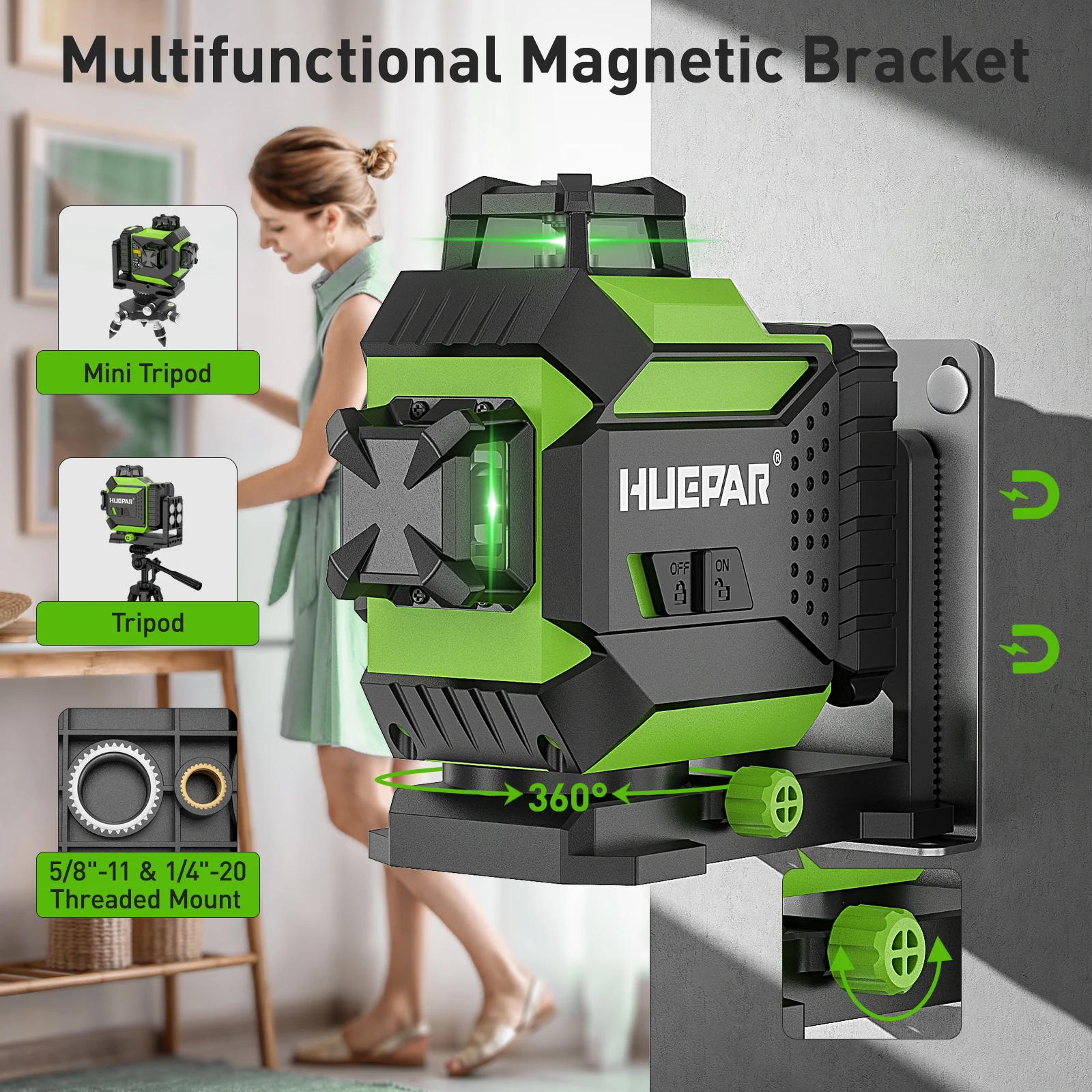 Huepar 703CG 360° Cross Line Laser Level 12 Lines Self-leveling 3D Green Beam Level Pulse Mode Adjust Bright Alignment Tools