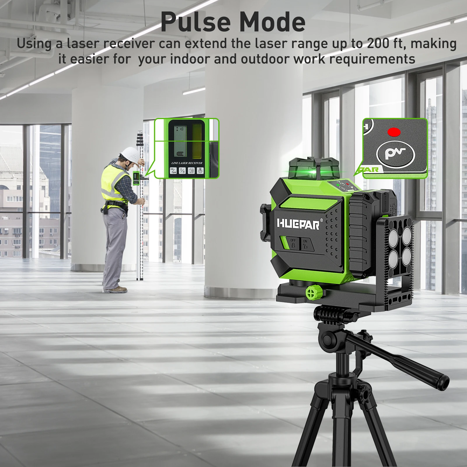 Huepar 703CG 360° Cross Line Laser Level 12 Lines Self-leveling 3D Green Beam Level Pulse Mode Adjust Bright Alignment Tools