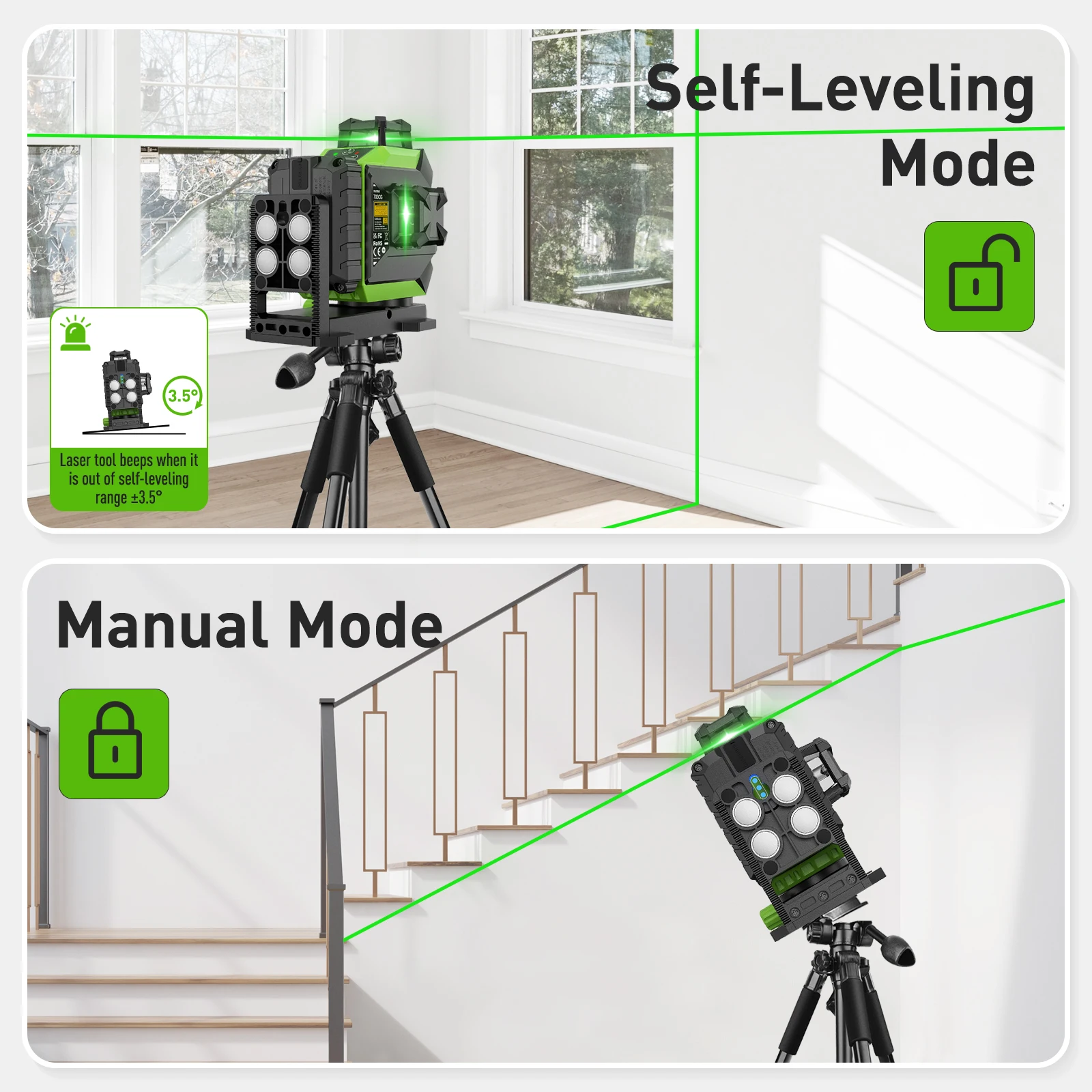Huepar 703CG 360° Cross Line Laser Level 12 Lines Self-leveling 3D Green Beam Level Pulse Mode Adjust Bright Alignment Tools