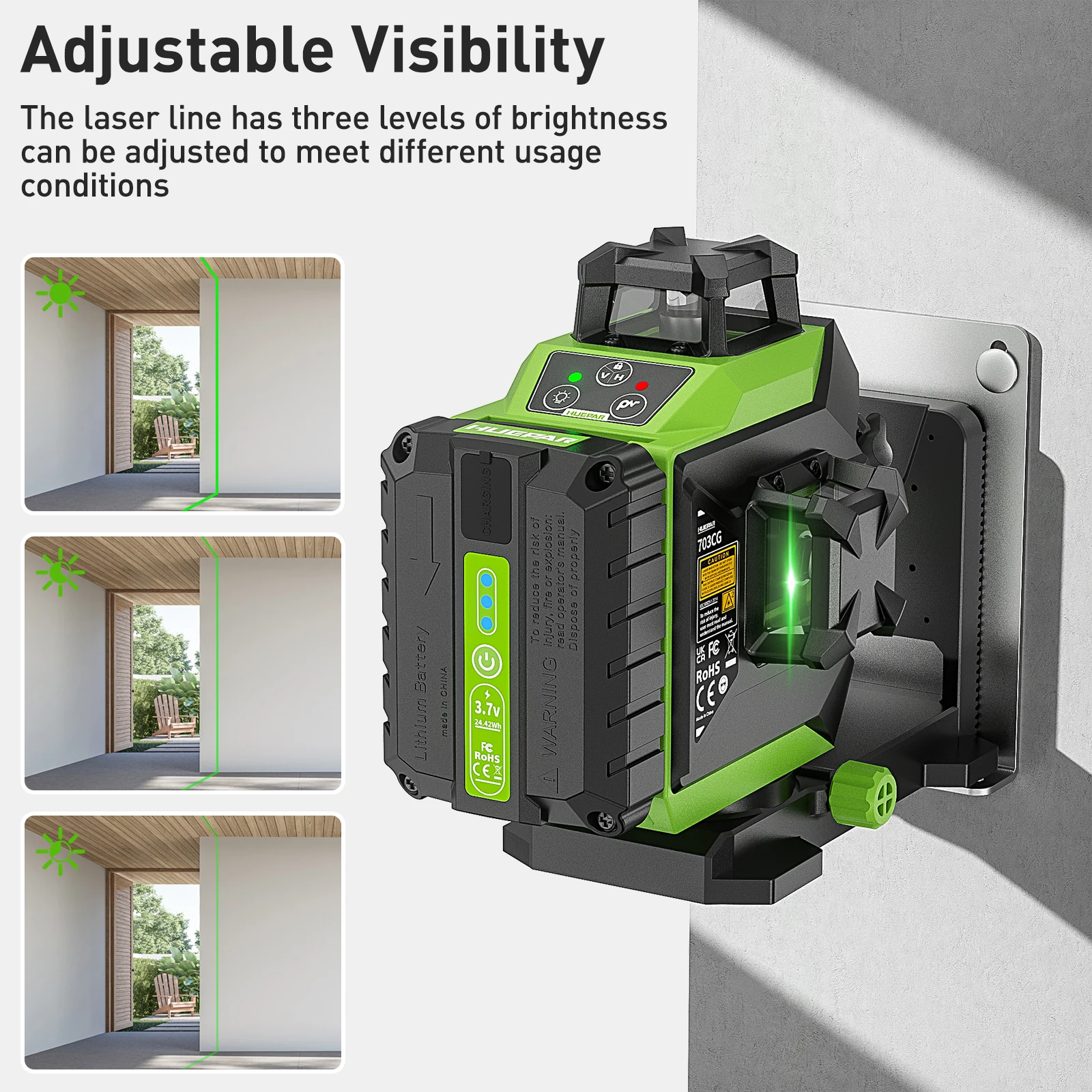 Huepar 703CG 360° Cross Line Laser Level 12 Lines Self-leveling 3D Green Beam Level Pulse Mode Adjust Bright Alignment Tools