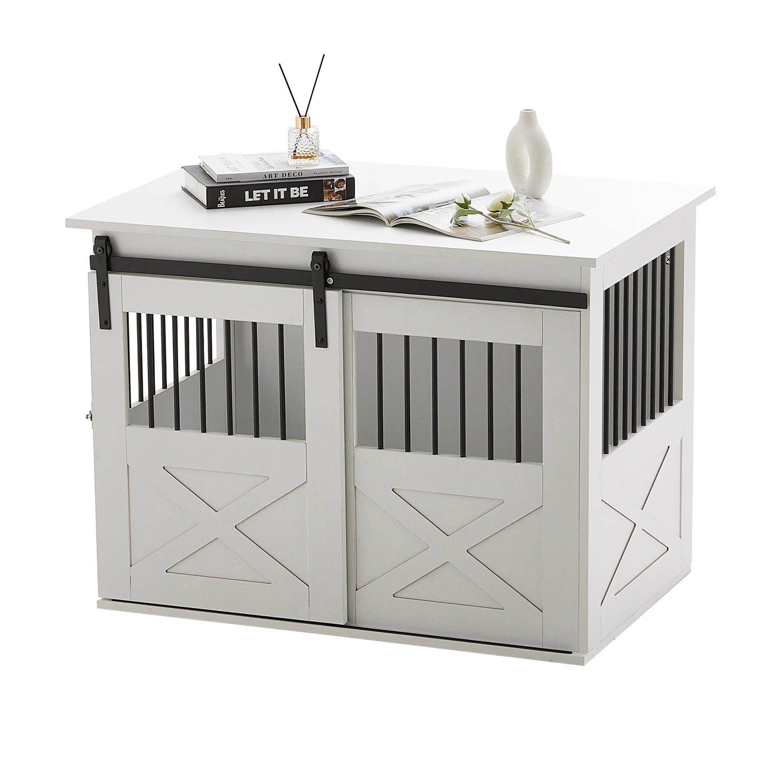 Voltsify Wooden Dog Crate with Lockable Barn Door, Storage Top & Anti-Chew Security for Small/Medium Pets