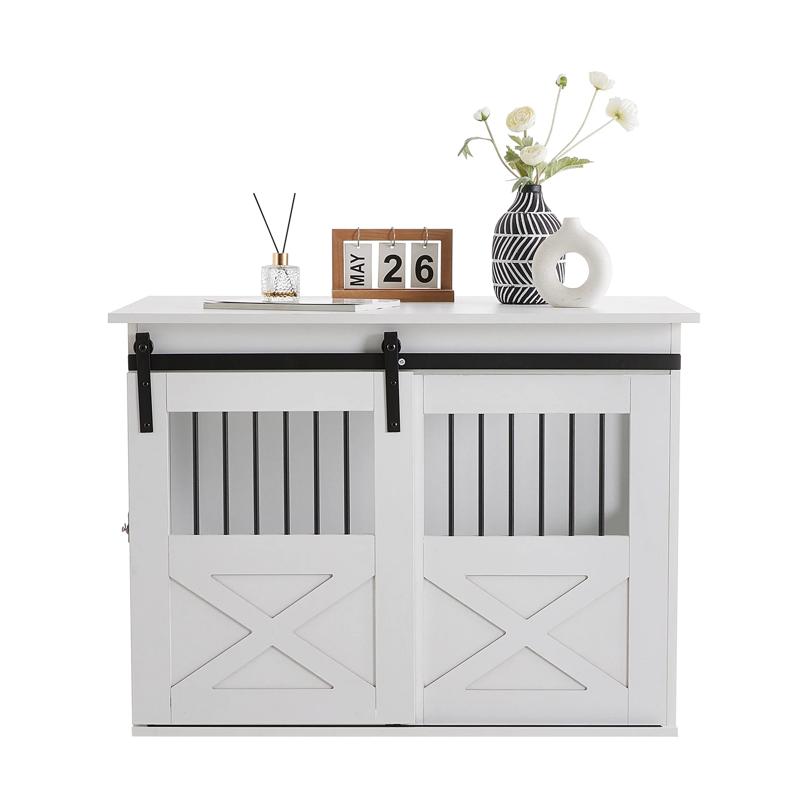 Voltsify Wooden Dog Crate with Lockable Barn Door, Storage Top & Anti-Chew Security for Small/Medium Pets