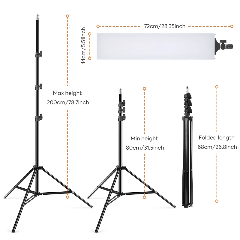 14*72cm Panel Led Photo Video Light, Adjustable 2700-7500k Continuous 180° Rotating Head Light With Remote Control For Studio