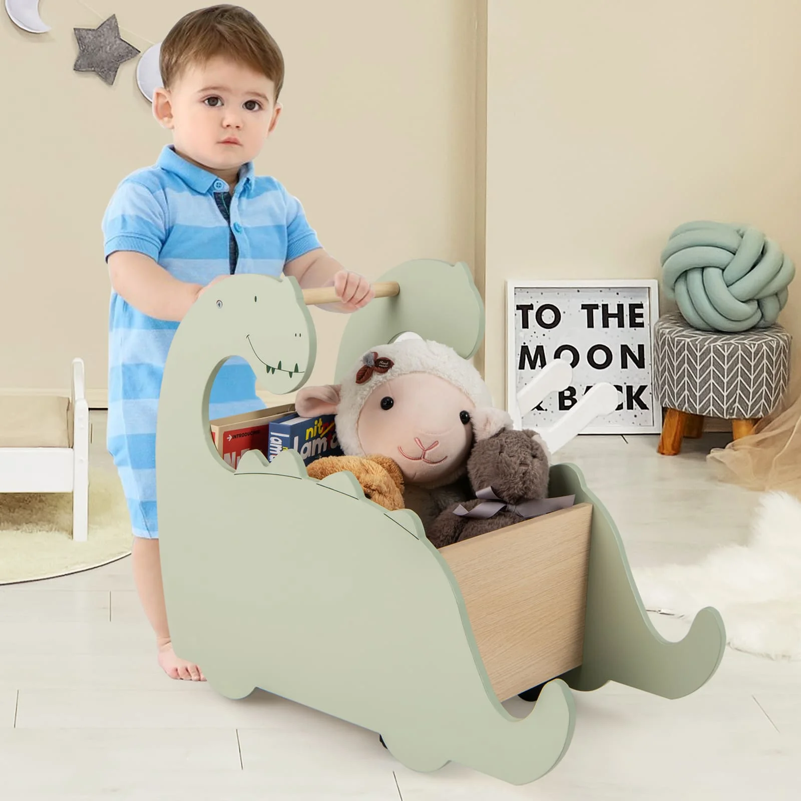 DORTALA 2 in 1 Wooden Baby Push Walker Toddler Shopping Cart w/Handle-Green