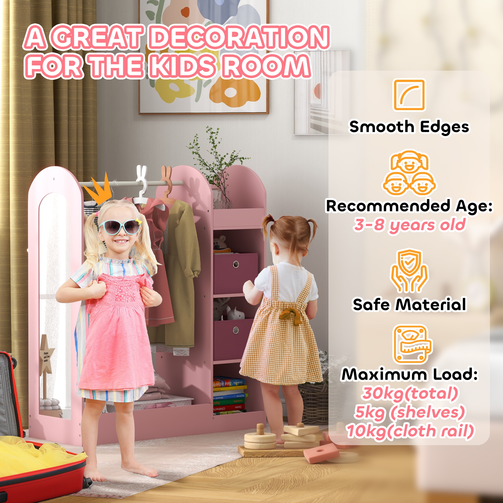 AIYAPLAY Kids Clothes Rail, Kids Dress Up Rail with Storage Shelf, Boxes, Mirror, Kids, Wardrobe for Bedroom, Kids Room, Nursery