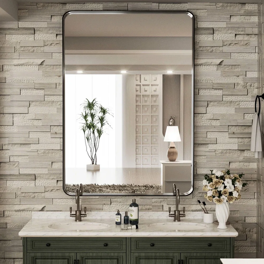 【Lifeideas】Rectangle Vanity Framed Mirror for Wall Matte Metal Framed Modern Mirror Tempered Glass For Living Room