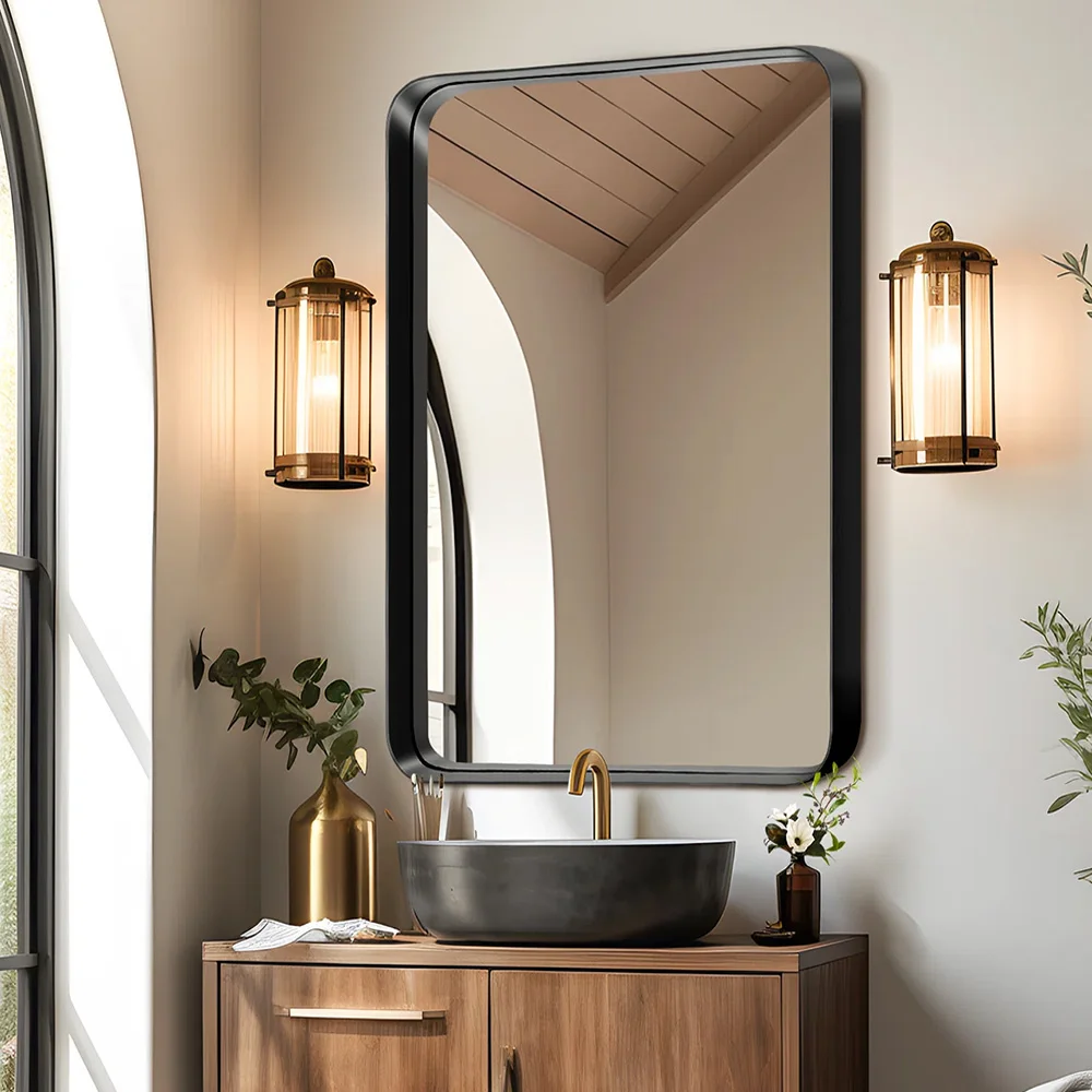 【Lifeideas】Rectangle Vanity Framed Mirror for Wall Matte Metal Framed Modern Mirror Tempered Glass For Living Room