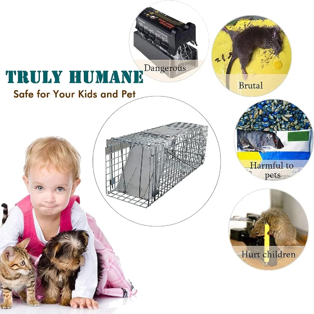New Live Animal Cage Trap Humane Cat Rodent Control Folding with Handle for Rabbits Stray Cats Squirrels Raccoons Groundhogs