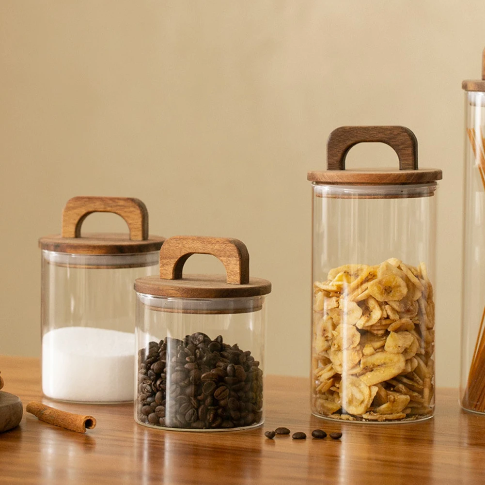 【Lifeideas】Clear Glass Jar with Bamboo Lid Sealed Canister Food Storage Container for Bean Sugar Salt Kitchen Gadgets