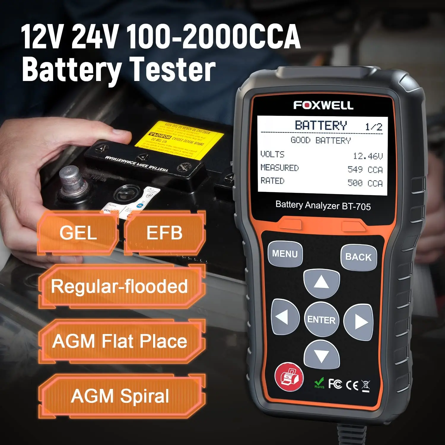 FOXWELL BT705 12V Battery Tester 24V Truck Cranking Charging System Test Automotive 100-2000CCA Battery Load Tester Analyzer