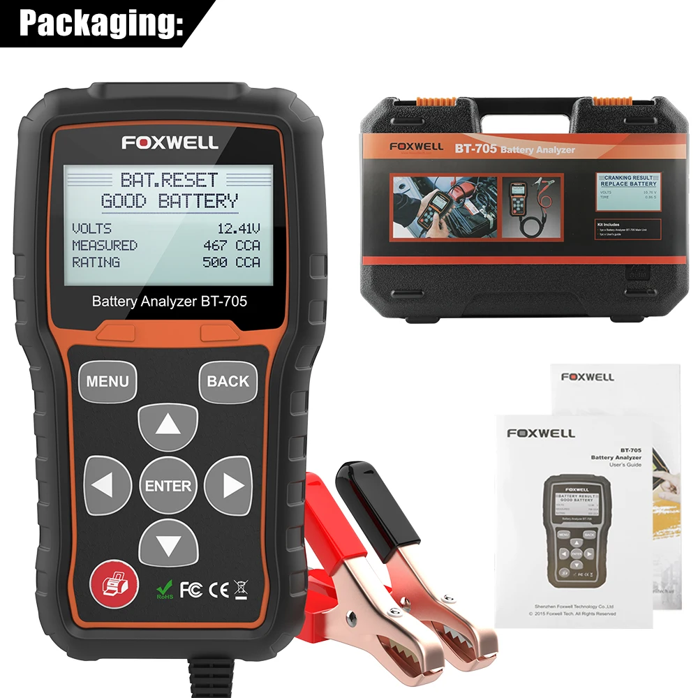 FOXWELL BT705 12V Battery Tester 24V Truck Cranking Charging System Test Automotive 100-2000CCA Battery Load Tester Analyzer