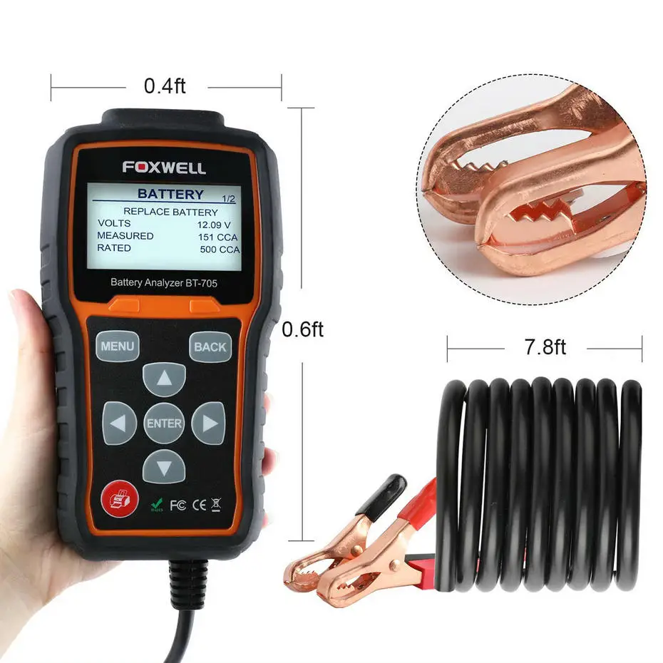 FOXWELL BT705 12V Battery Tester 24V Truck Cranking Charging System Test Automotive 100-2000CCA Battery Load Tester Analyzer