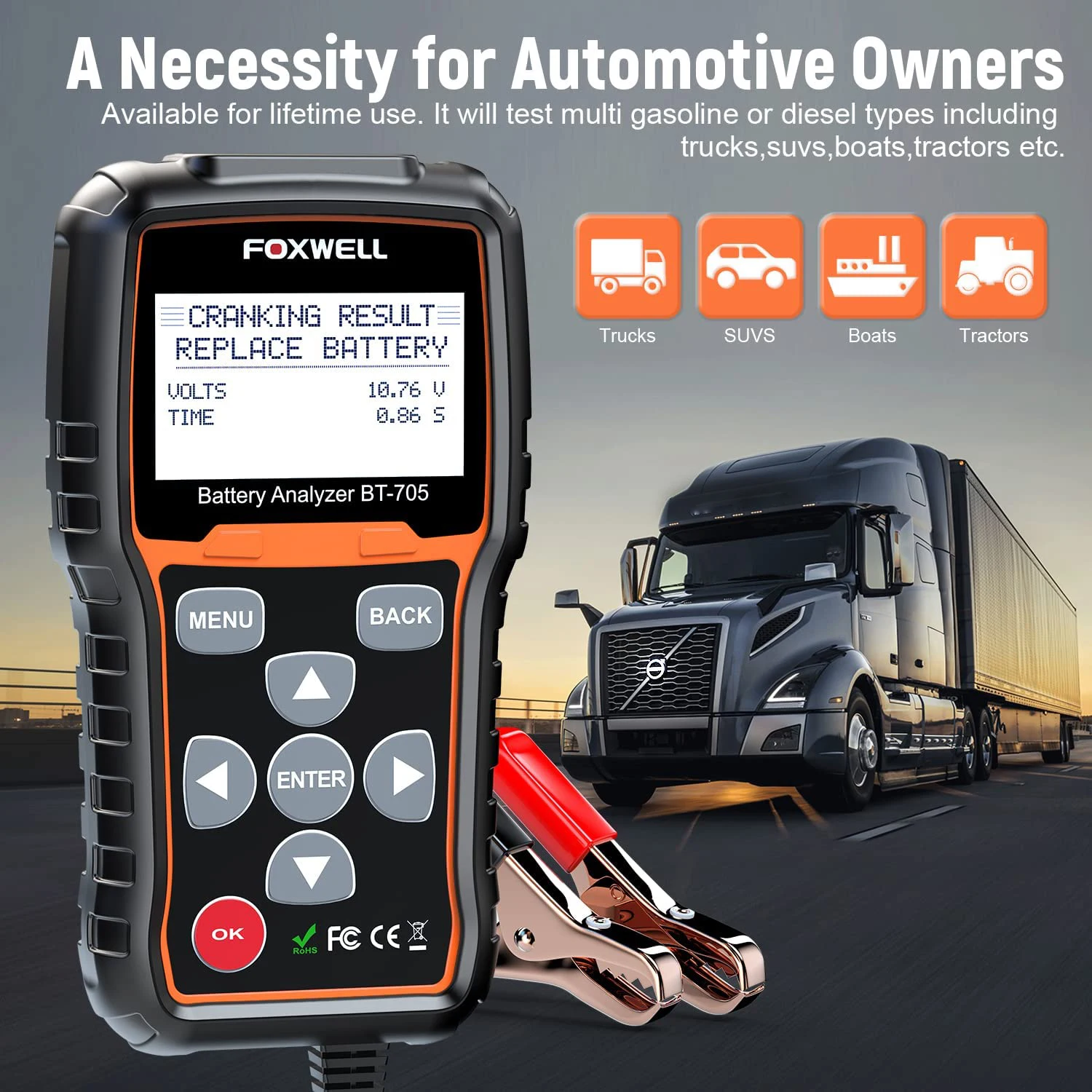 FOXWELL BT705 12V Battery Tester 24V Truck Cranking Charging System Test Automotive 100-2000CCA Battery Load Tester Analyzer