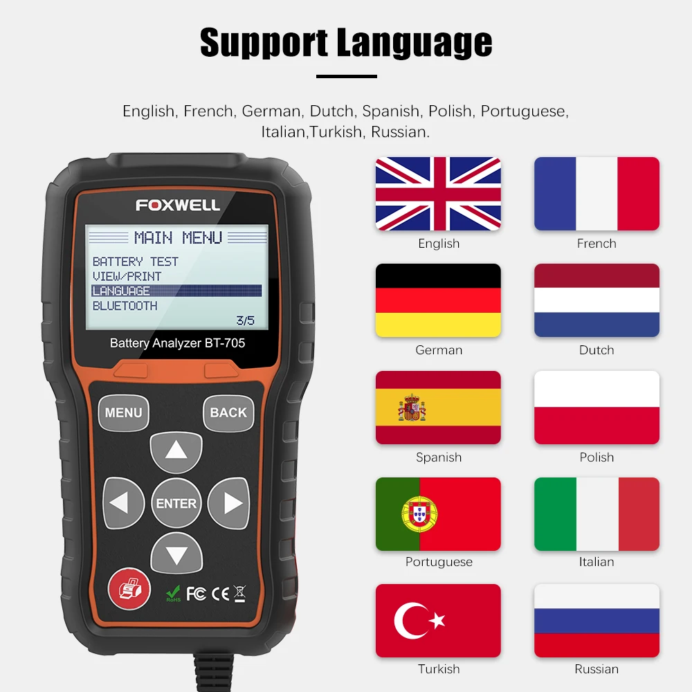 FOXWELL BT705 12V Battery Tester 24V Truck Cranking Charging System Test Automotive 100-2000CCA Battery Load Tester Analyzer