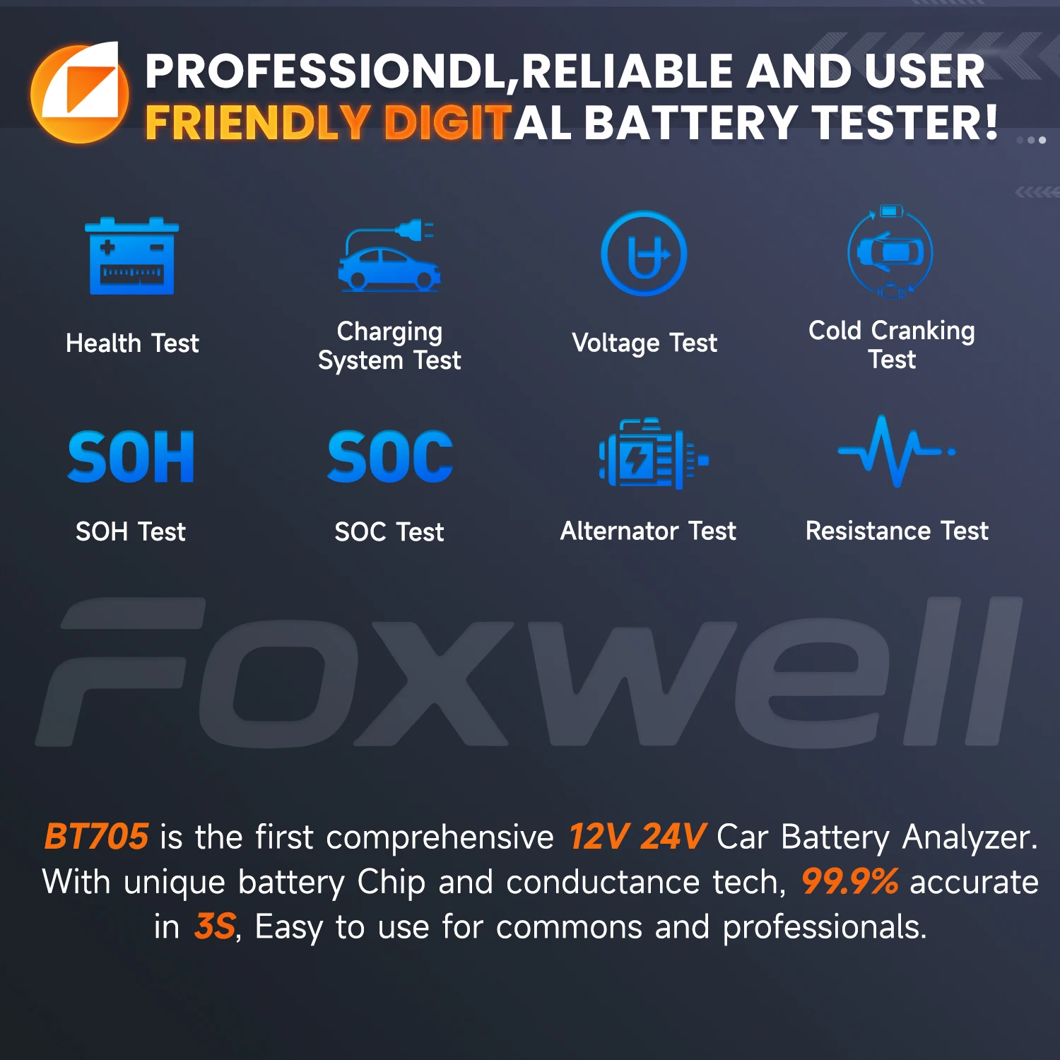 FOXWELL BT705 12V Battery Tester 24V Truck Cranking Charging System Test Automotive 100-2000CCA Battery Load Tester Analyzer