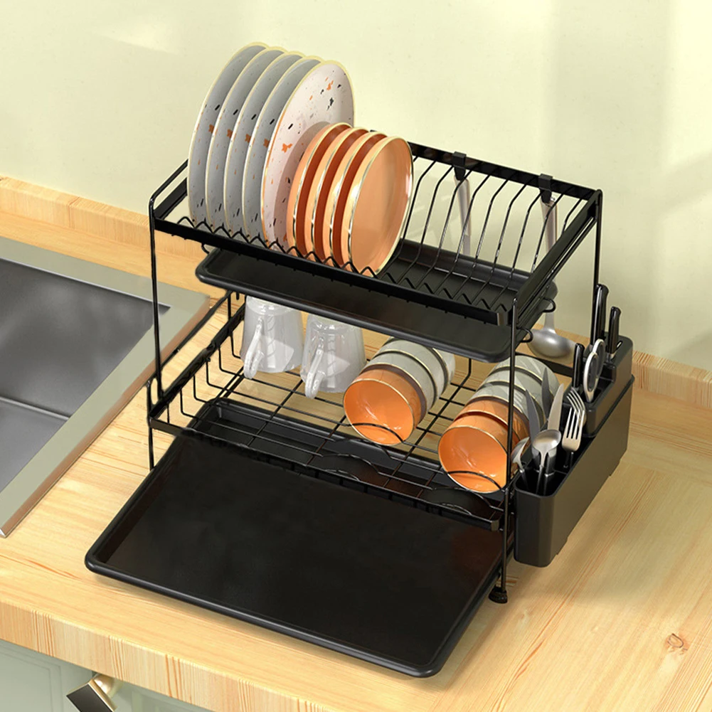 【Lifeideas】Black 2 Tier Dish Drying Rack with Drainboards