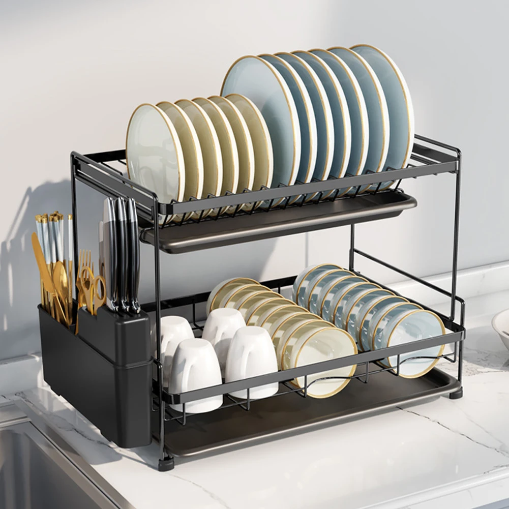 【Lifeideas】Black 2 Tier Dish Drying Rack with Drainboards
