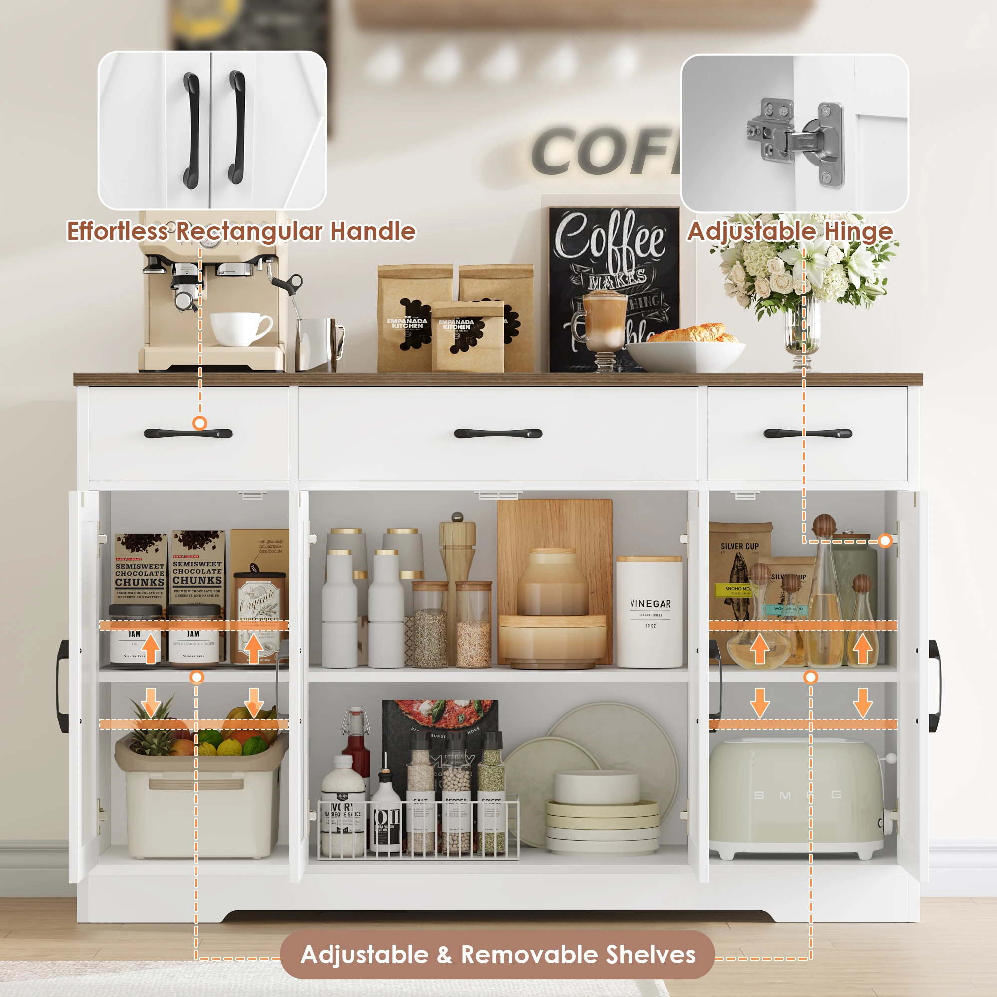 Sideboard, 140cm Sideboard Storage Cabinet with 4 Barn Doors & 3 Drawers