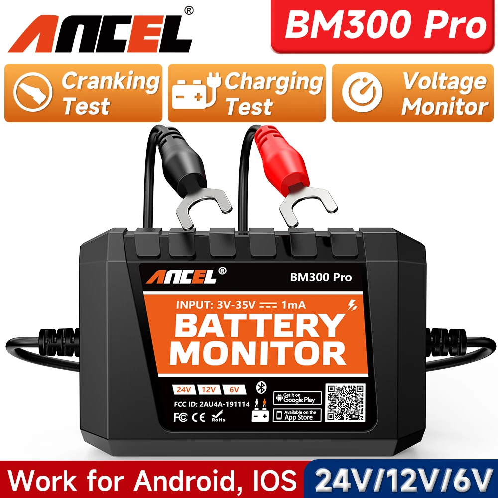 New ANCEL BM300 Pro Bluetooth 6V/12V/24V Battery Monitor Tester Analyzer Circuit Cranking/Charging Test for Car Motorcycle