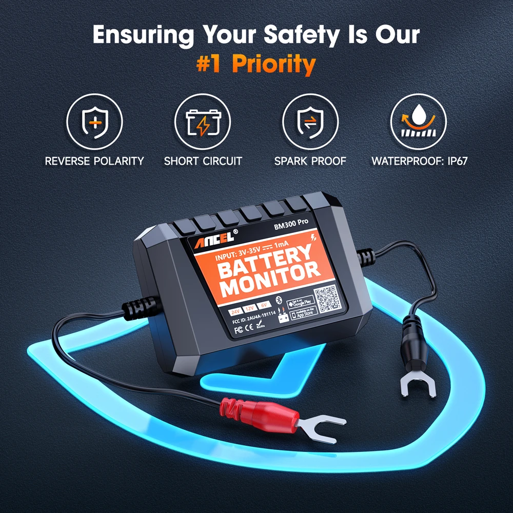 New ANCEL BM300 Pro Bluetooth 6V/12V/24V Battery Monitor Tester Analyzer Circuit Cranking/Charging Test for Car Motorcycle