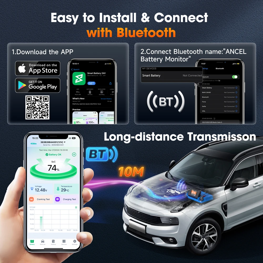 New ANCEL BM300 Pro Bluetooth 6V/12V/24V Battery Monitor Tester Analyzer Circuit Cranking/Charging Test for Car Motorcycle