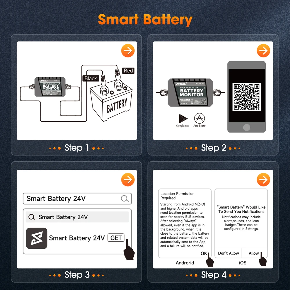 New ANCEL BM300 Pro Bluetooth 6V/12V/24V Battery Monitor Tester Analyzer Circuit Cranking/Charging Test for Car Motorcycle