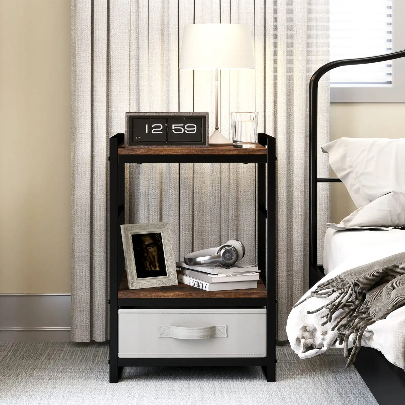 GOFLAME Bedroom Nightstand Bedside Table w/Fabric Drawer & Open Shelf-Coffee