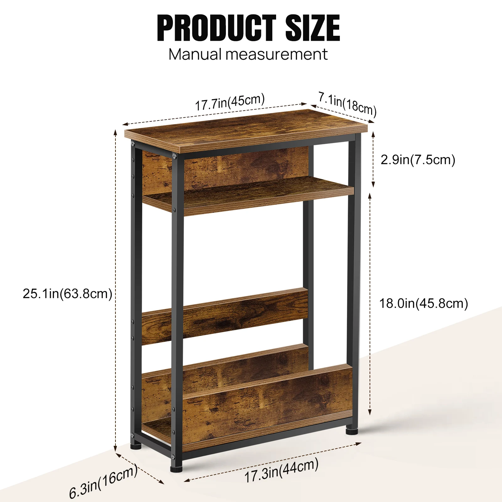 3 Tier Side Table with Storage Shelf, Slim End Table Modern Sofa Table for Narrow Spaces,Bedside Table with Magazine Rack