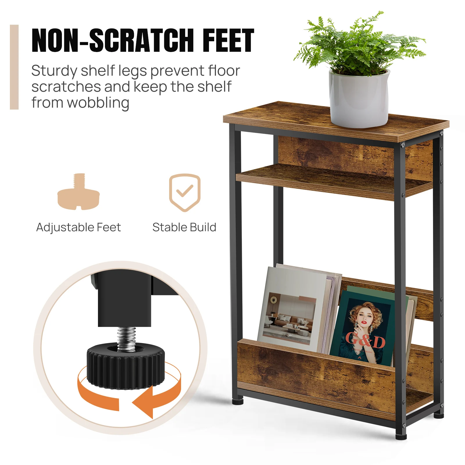 3 Tier Side Table with Storage Shelf, Slim End Table Modern Sofa Table for Narrow Spaces,Bedside Table with Magazine Rack