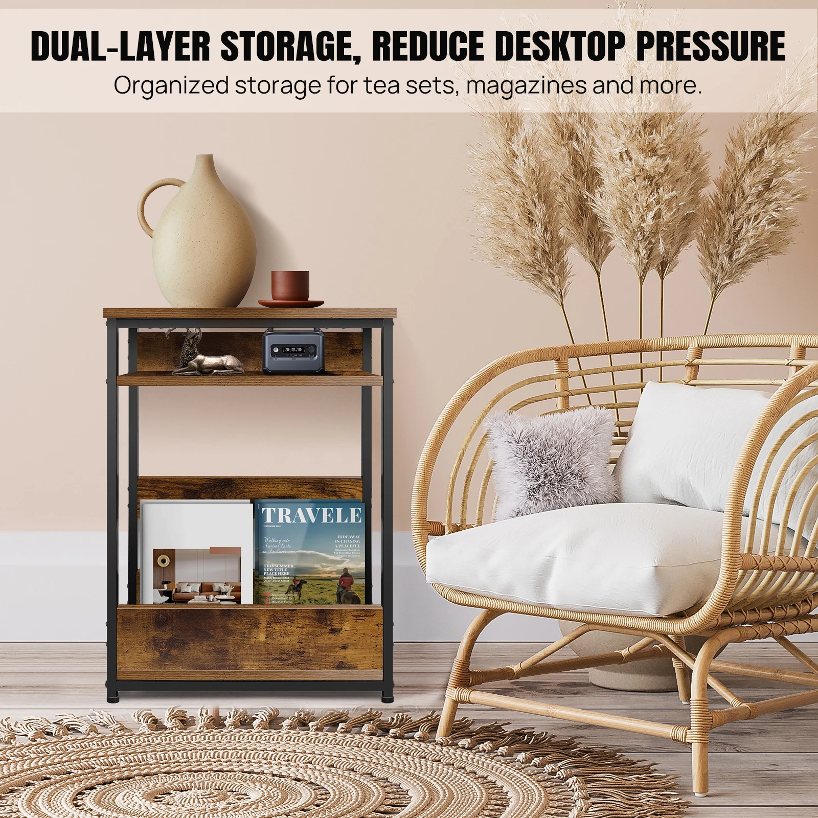 3 Tier Side Table with Storage Shelf, Slim End Table Modern Sofa Table for Narrow Spaces,Bedside Table with Magazine Rack