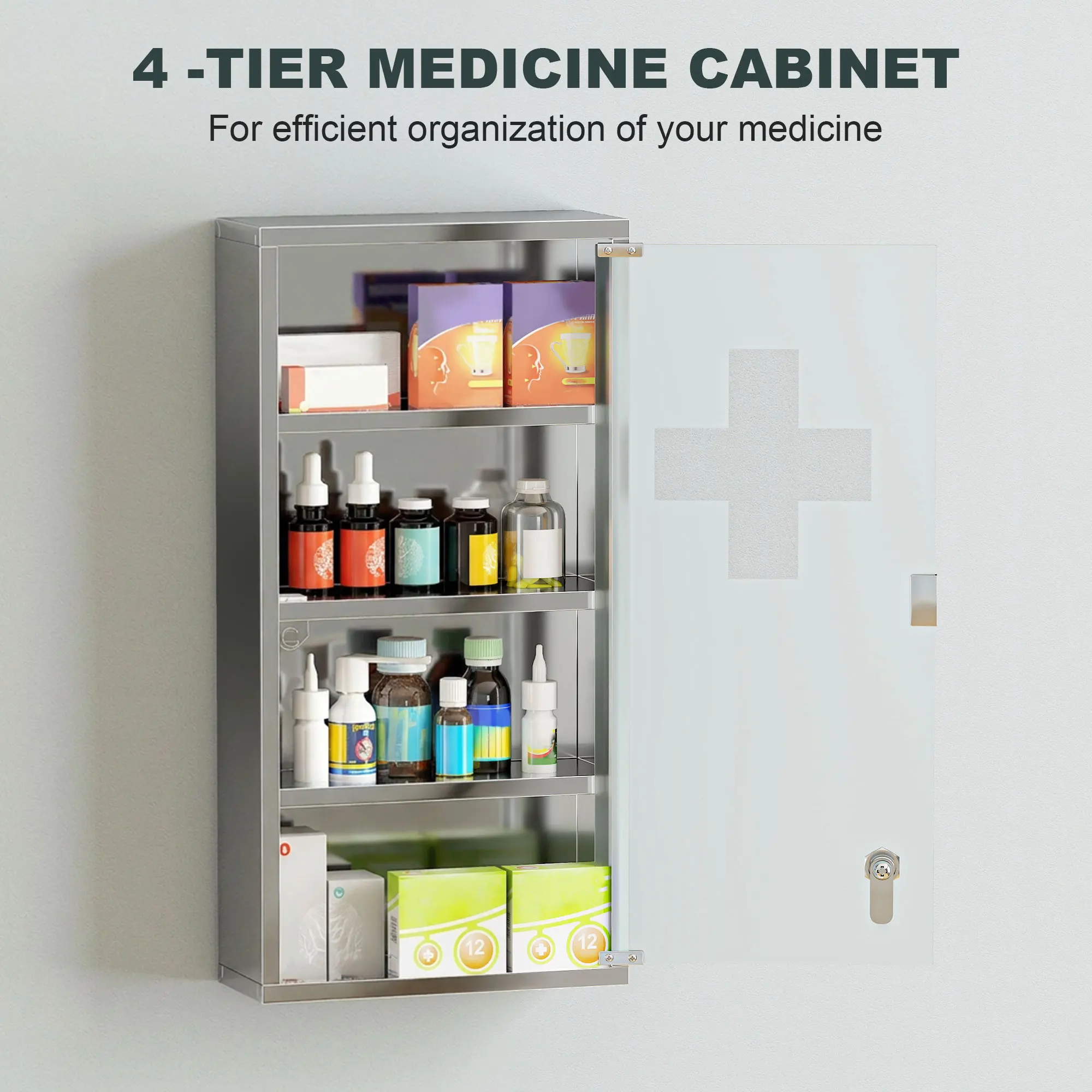 HOMCOM Medicine Cabinet Houseware Stainless Steel Medicine Cabinet Glass Door