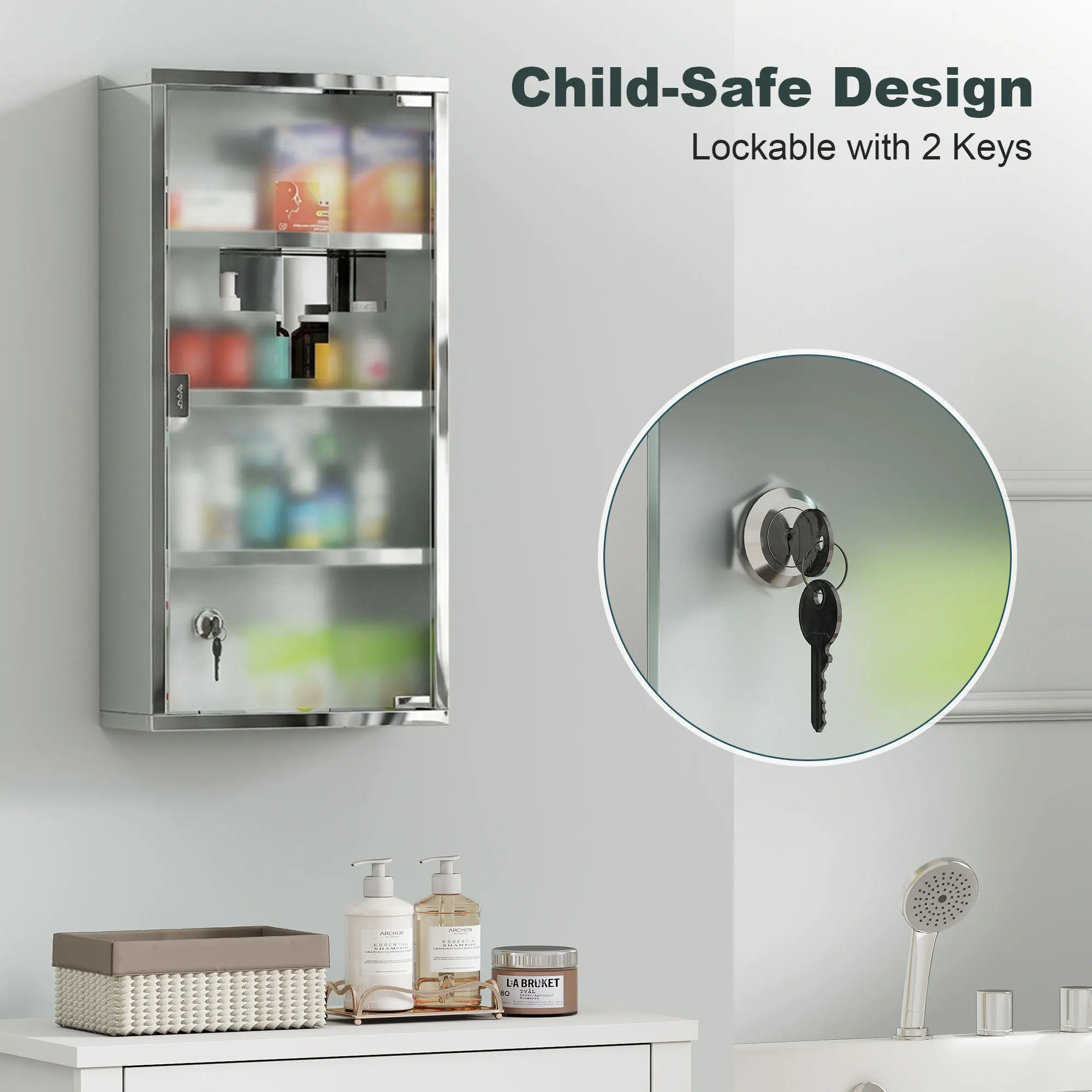 HOMCOM Medicine Cabinet Houseware Stainless Steel Medicine Cabinet Glass Door