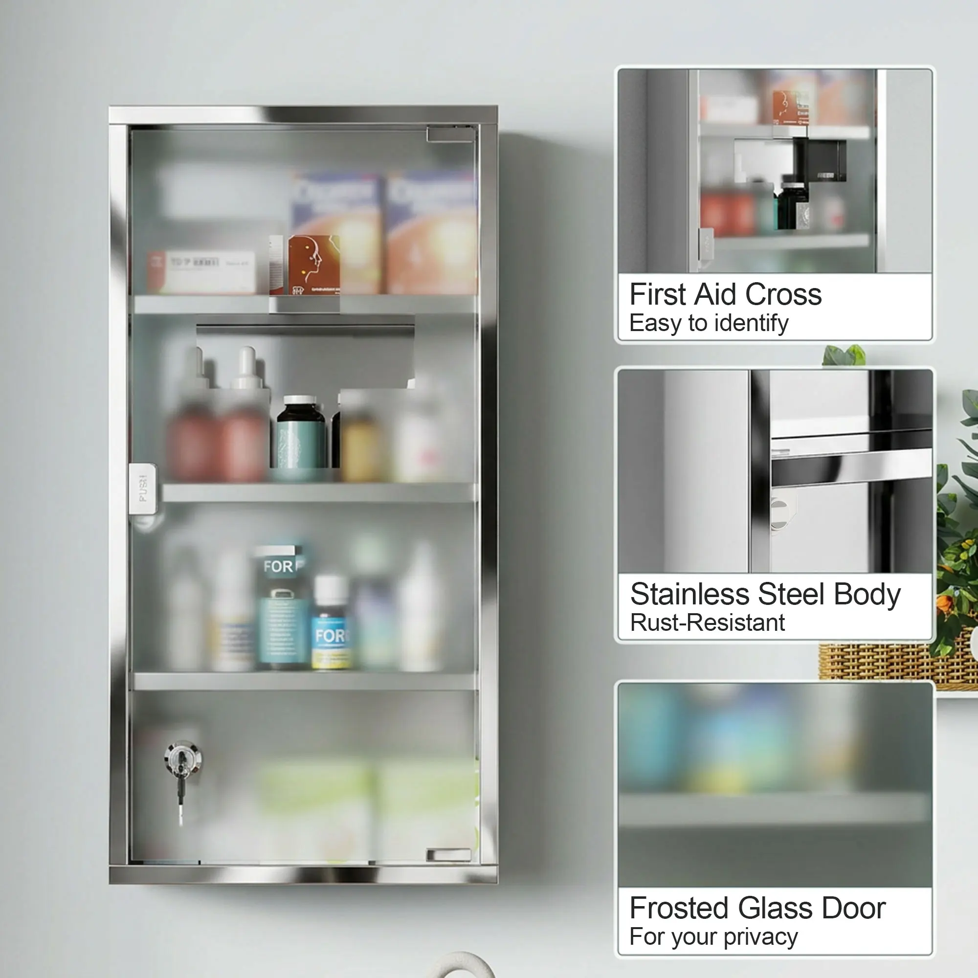 HOMCOM Medicine Cabinet Houseware Stainless Steel Medicine Cabinet Glass Door