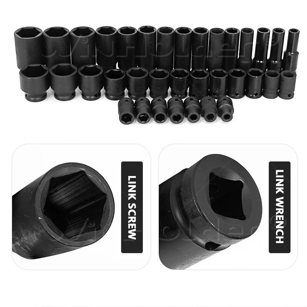 35PCS Deep Impact Socket Set 1/2” Drive Metric Thin Wall 6 Point Nut Garage Repair Tool 8-32mm with Red Case