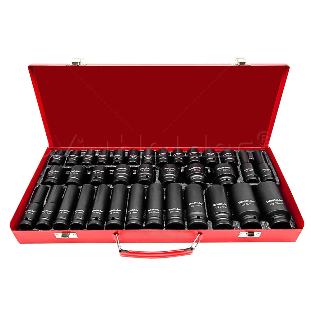 35PCS Deep Impact Socket Set 1/2” Drive Metric Thin Wall 6 Point Nut Garage Repair Tool 8-32mm with Red Case