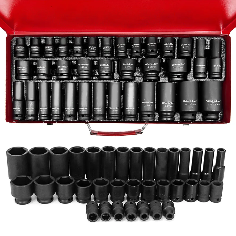 35PCS Deep Impact Socket Set 1/2” Drive Metric Thin Wall 6 Point Nut Garage Repair Tool 8-32mm with Red Case