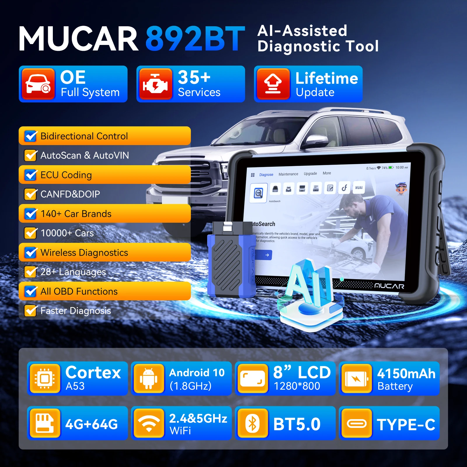 MUCAR 892BT Key Programming AI Automotive Diagnostic Tool Bi Directional Obd2 Scanner ECU Coding CANFD DOIP 35 Resets Life Free