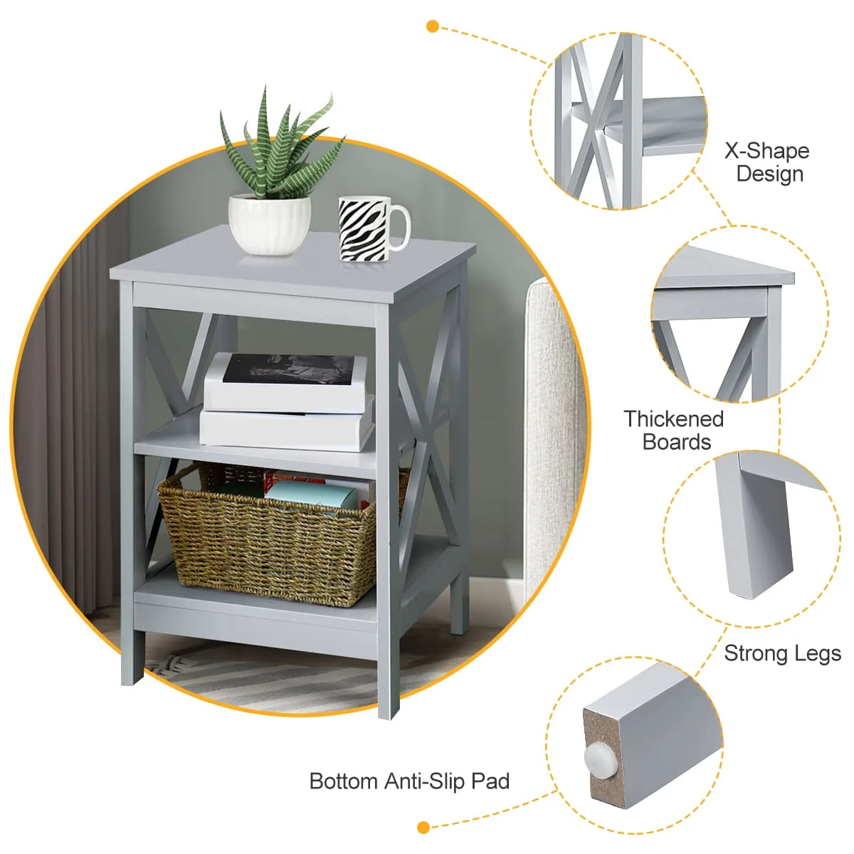 GOFLAME 3-Tier Nightstand Side Table X-Design End Table Bed Side Table-Grey