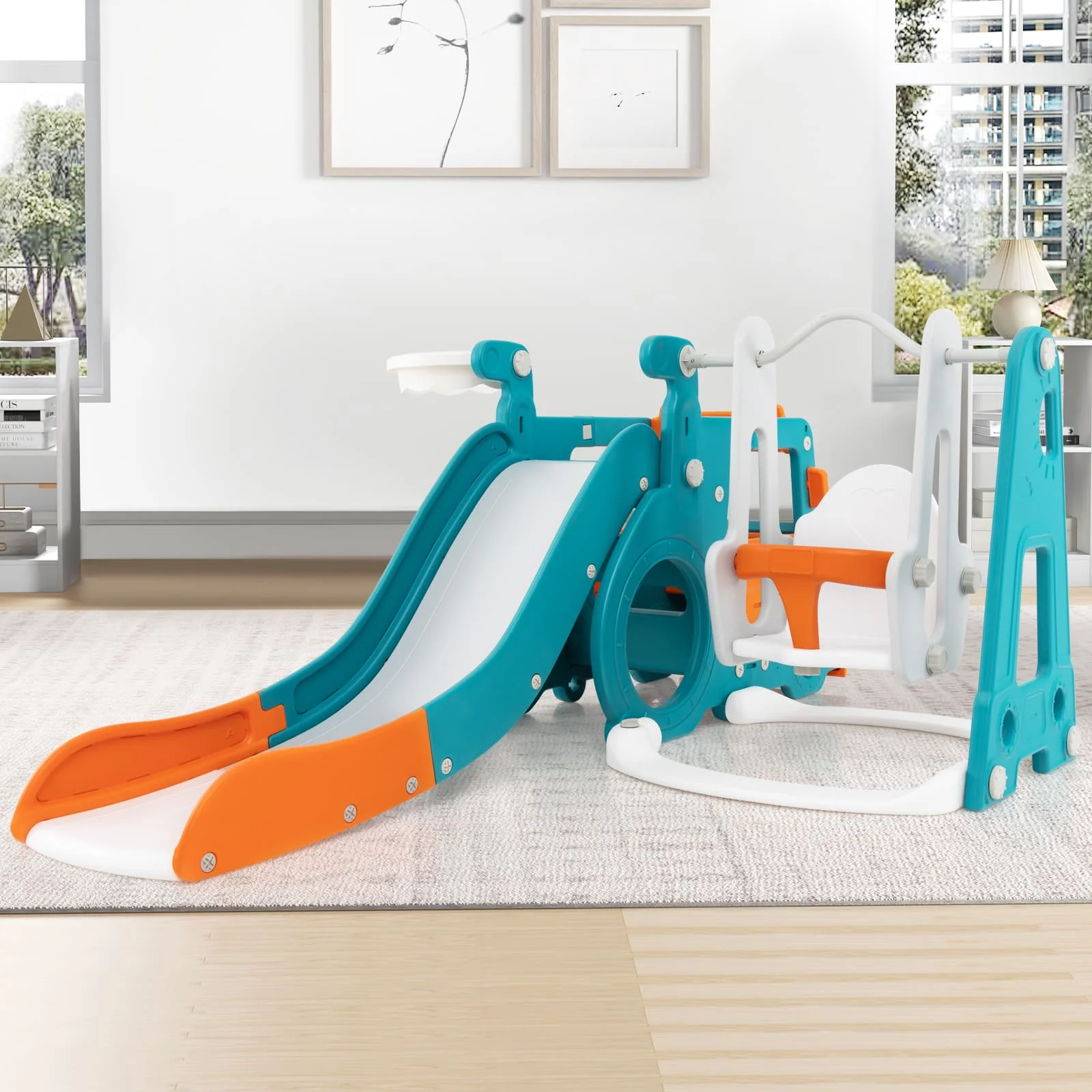 DORTALA 5-in-1 Kids Slide and Swing Set Kids Slide Indoor Playset w/ Baby Swing