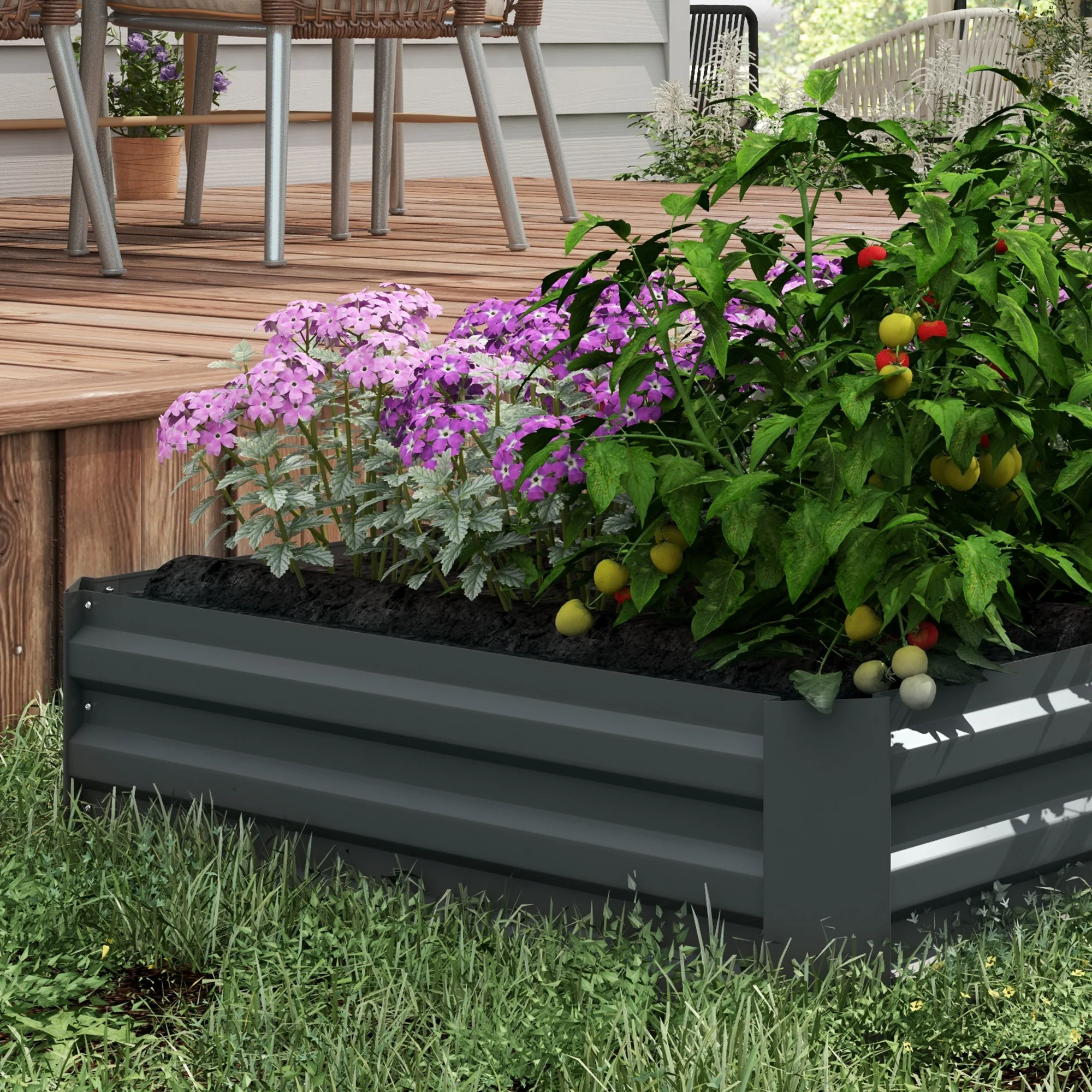 Set of 2 Raised Garden Beds Galvanized Steel Planter Boxes Easy Setup Dark Grey
