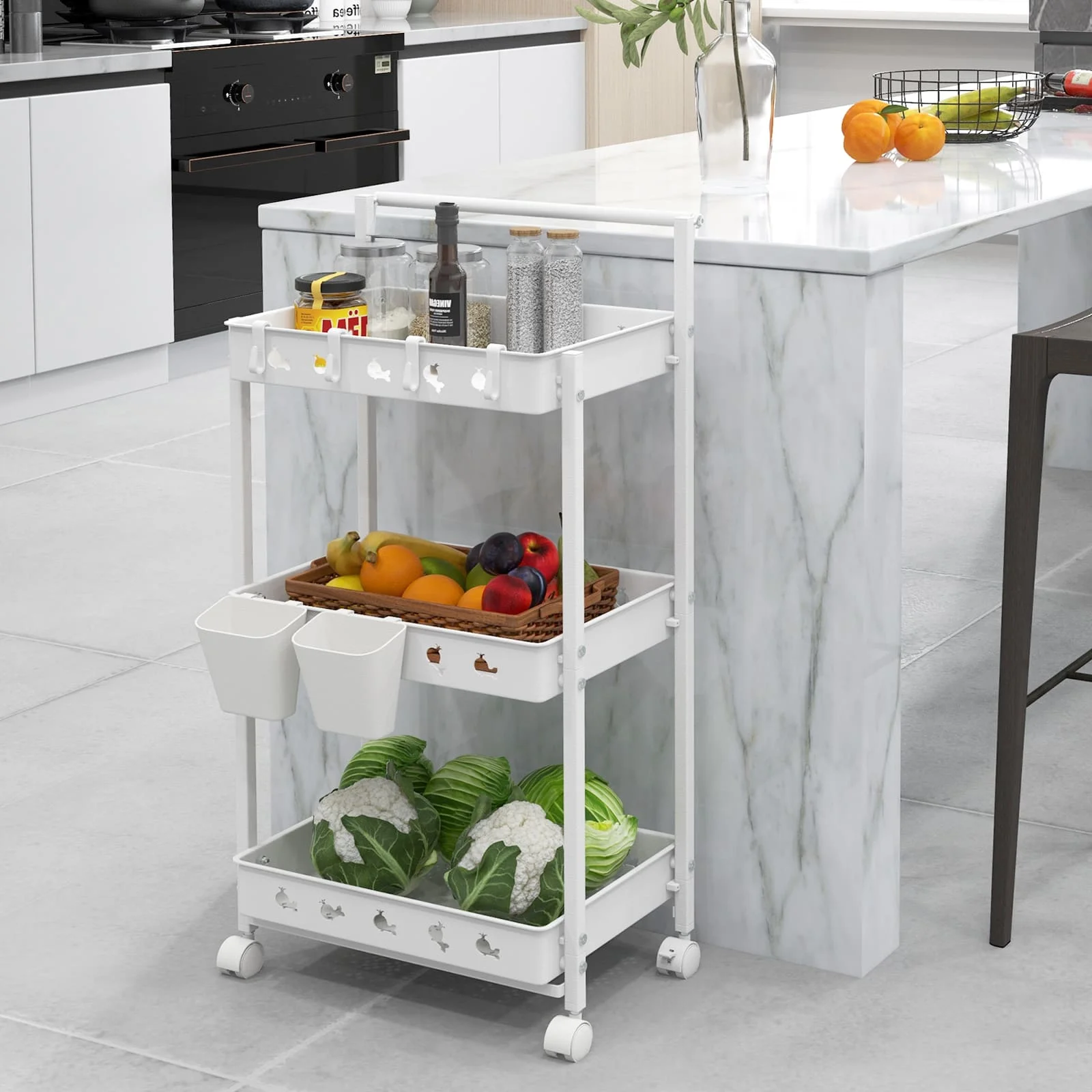 GOFLAME 3-Tier Rolling Storage Cart Utility Cart with 2 Hanging Cups & 4 Hooks