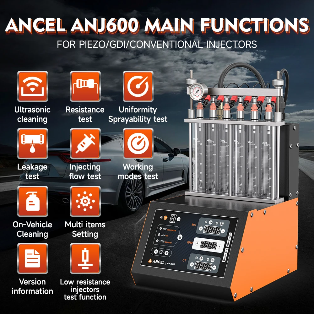 ANCEL ANJ600 GDI Piezo EFI FEI Piezoelectric Fuel Injector Cleaner & Tester Machine 6 Cylinders for Car Motorcycle Cleaning