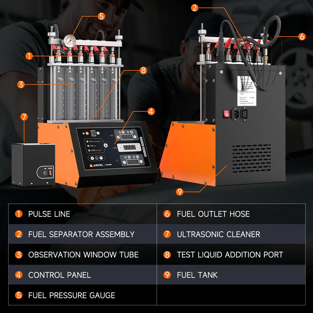 ANCEL ANJ600 GDI Piezo EFI FEI Piezoelectric Fuel Injector Cleaner & Tester Machine 6 Cylinders for Car Motorcycle Cleaning