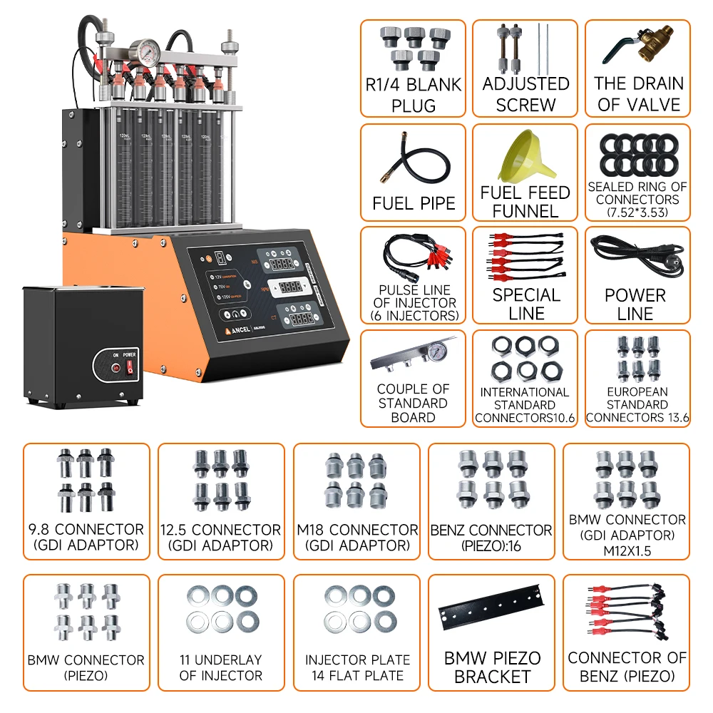ANCEL ANJ600 GDI Piezo EFI FEI Piezoelectric Fuel Injector Cleaner & Tester Machine 6 Cylinders for Car Motorcycle Cleaning