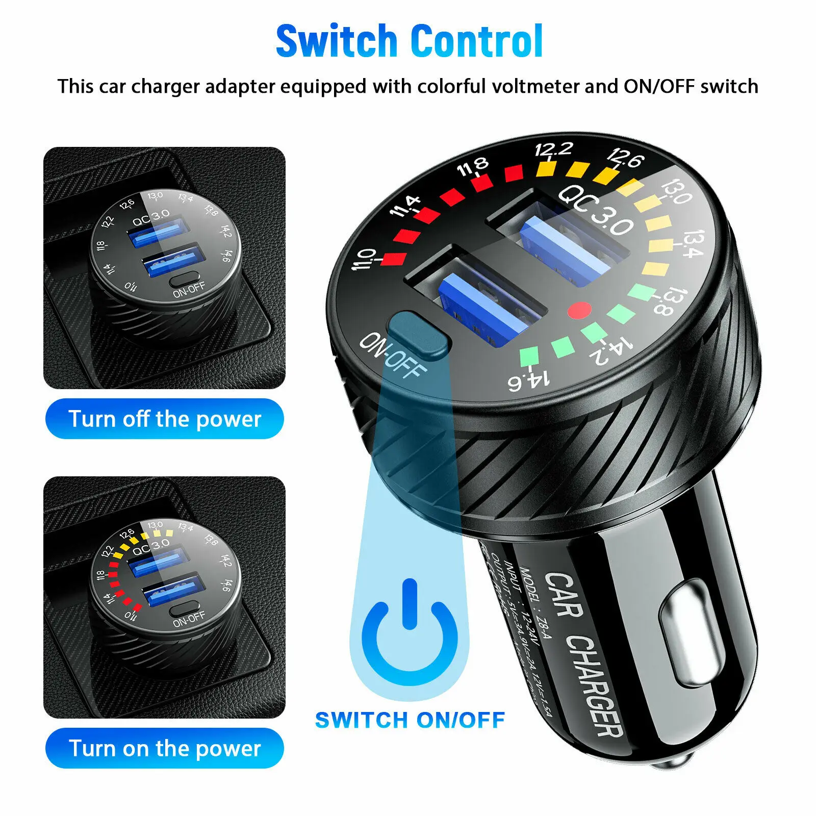 1Pc Car Charger With Switch Aluminum Alloy PC 36W Car Cigarette Lighter Socket Dual USB Fast Charger Power LED Adapter Outlet