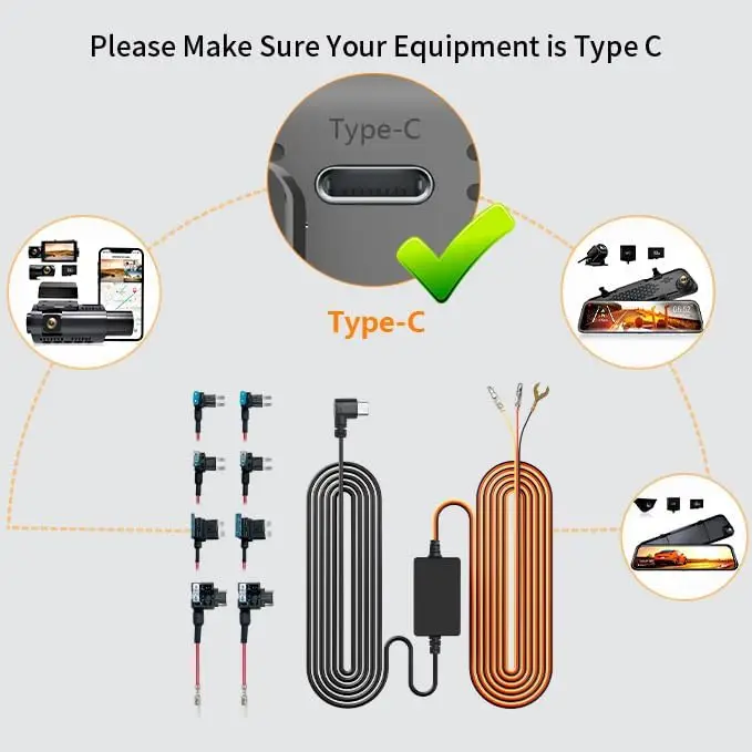 WOLFBOX Type-C Hardwire Kit for G840S/G930/G840H/G850/G900/G850 PRO/X5 Mirror Dash Camera, Parking Monitor with Multiple Ports