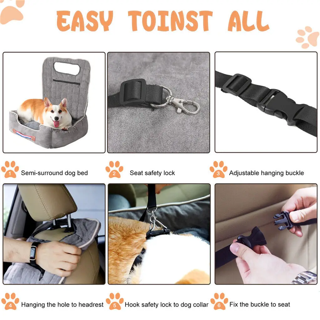 Dog Car Seat Protector Travel Anti-Slip Pet Booster Seat with Storage Pockets and Safety Leash Car Carrier Bed Hold 14kg