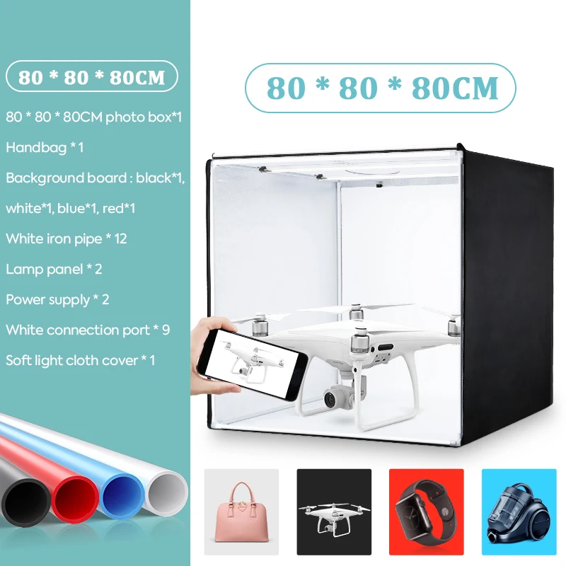 80cm Photo Studio Light Box,Folding Photography Light Tent Box With 2pcs Led Light And 4 Color Backgrounds For Products Jewelry