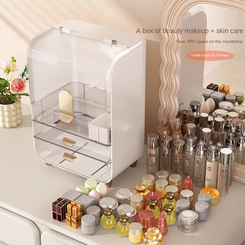 Dressing table cosmetics storage box household dustproof large capacity skin care products storage rack transparent storage cabi