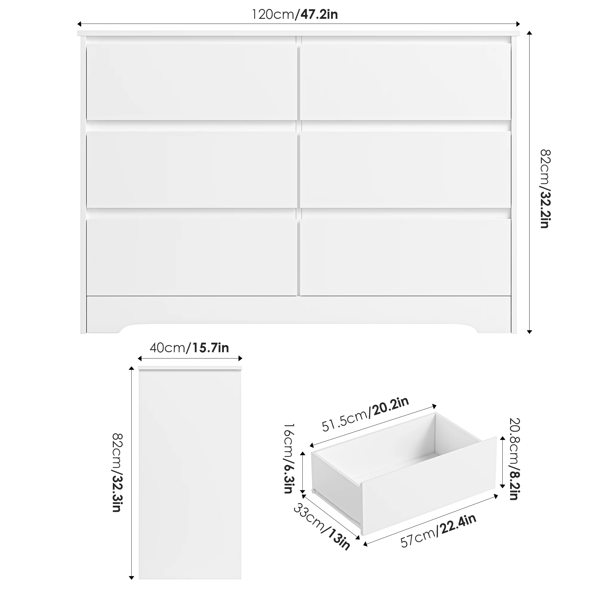 Getone White Chest of Drawers Bedroom, Tall Chest of Drawers with 6 Drawers, Bedroom Furniture Dresser Storage Cupboard Cabinet Bedroom Dresser, for Dining Room Living Room Hallway 120x40x82cm